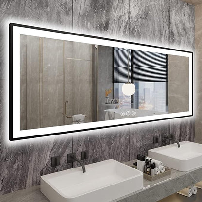 EchosLife 84x32 Large LED Bathroom Mirror - Black Aluminum Framed | Black Frame, Front and Backlit, Anti-Fog, Stepless Dimmable, 3 Colors, Memory, Tempered Glass, UL Listed, Horizontal/Vertical