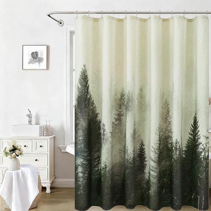 ORTIGIA Green Misty Forest Linen Shower Curtain Nature Mountain Tree Woodland Shower Curtain Set for Bathroom Heavy Blend Fabric Curtains with 12 Metal Hooks 72x72 Inch