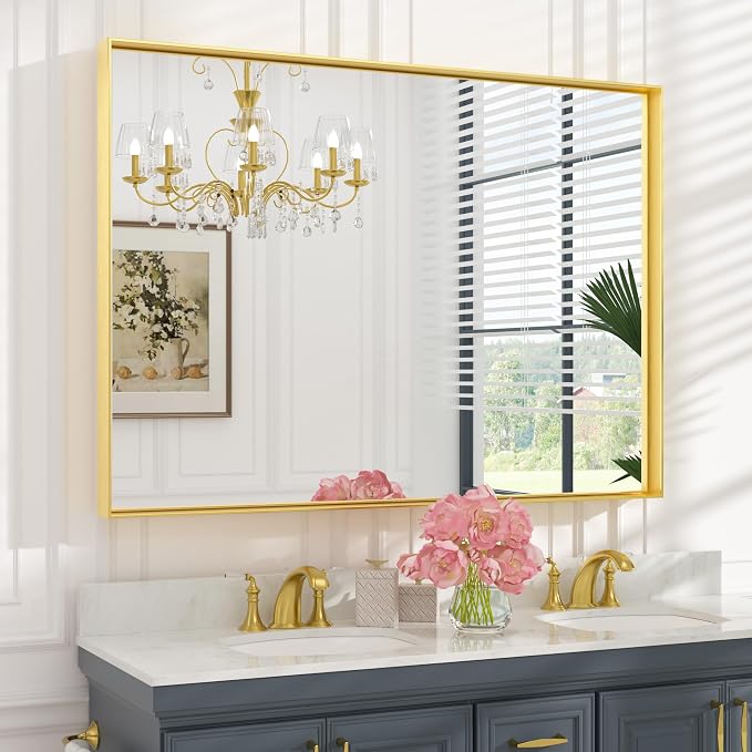Keonjinn 48x36 Inch Gold Bathroom Mirror for Over Sink, Rectangular | HD Tempered Glass, Vanity Mirror, Brushed Framed, Square Corner, Modern Farmhouse, Wall Mounted Mirrors, Aluminum Alloy