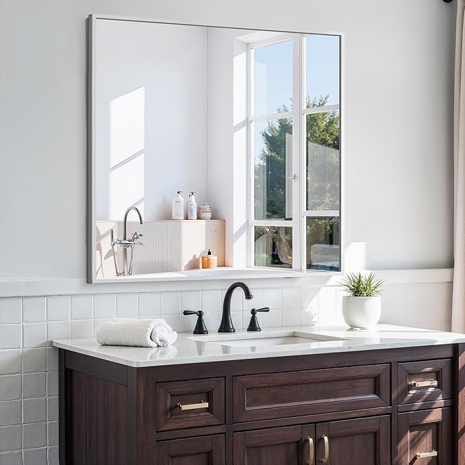 KOCUUY Silver Framed Mirror, 36"x36" Rectangle Bathroom Mirror for Wall, HD Tempered Glass, Anti-Rust Frame, Modern Design for Bathroom, Bedroom, Living Room, Entryway