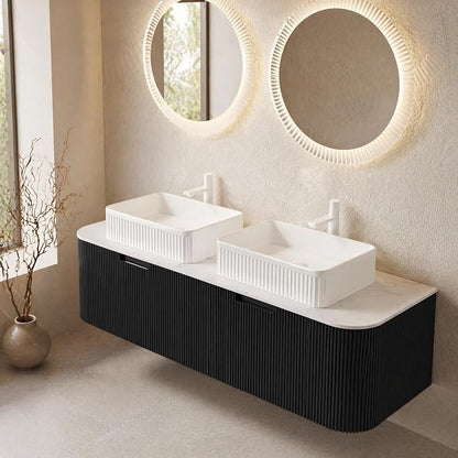 60 Inch Double Sink Bathroom Vanity, Floating Wall Mounted Cabinet, Black Curved Fluted Front, Stone Top, Dual White Textured Rectangular Vessel Basins, Pre-Assembled