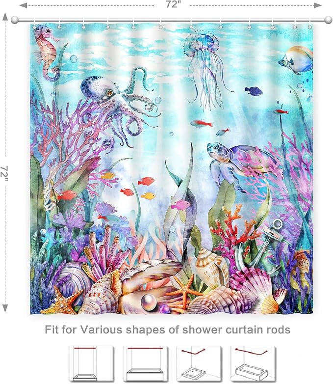 Ocean Shower Curtain, Kids Shower Curtain for Bathroom 72x72 | Marine Life Beach Shower Curtain Set with Hooks Quick-dry Waterproof Machine Washable Bath Curtains