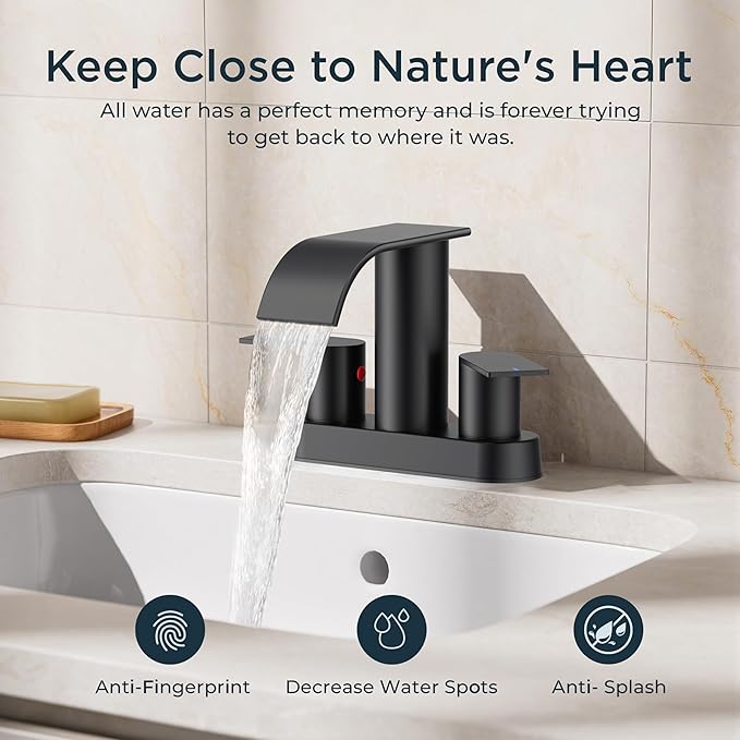 FORIOUS Matte Black Bathroom Faucets, Waterfall 4 Inch Centerset Bathroom Sink Faucet with Metal Pop up Drain and cUPC Hose for Basin, Vanity, RV, Pedestal 2 or 3 Hole Sink, 2 Pack