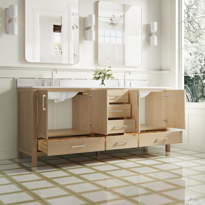 80-Inch Bathroom Vanity with Sink, 4 Soft-Close Doors and 6 Soft-Close Drawers, Bathroom Freestanding Vanity with Cultured Marble Countertop, Oak Vanity with Brushed Nickel Handles