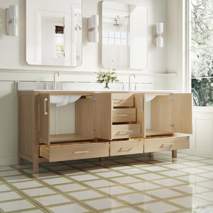 80-Inch Bathroom Vanity with Sink, 4 Soft-Close Doors and 6 Soft-Close Drawers, Bathroom Freestanding Vanity with Cultured Marble Countertop, Oak Vanity with Brushed Nickel Handles