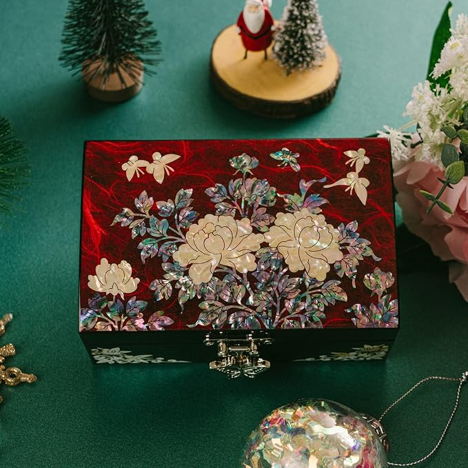 February Mountain Korean Mother of Pearl Jewelry Box – Red Floral Peony Design with Butterfly Clasp, Removable Velvet Tray – Christmas Gift for Women, Birthday, Anniversary, Keepsake Storage