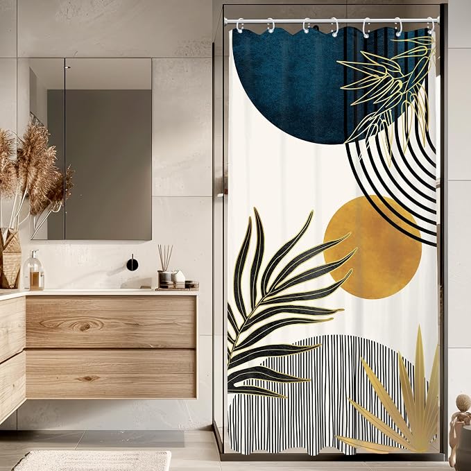 Stall Small Mid Century Blue Boho Abstract Bathroom Shower Curtain Set | 36Wx72L Plant design, waterproof HD print with fast-drying fabric and 12 hooks.