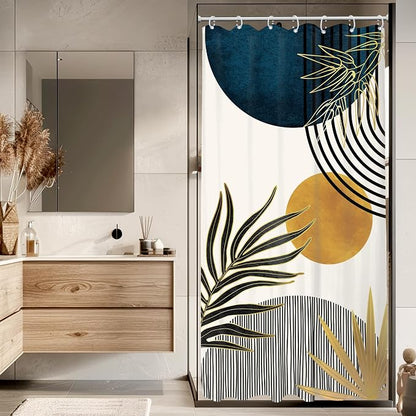 Stall Small Mid Century Blue Boho Abstract Bathroom Shower Curtain Set | 36Wx72L Plant design, waterproof HD print with fast-drying fabric and 12 hooks.