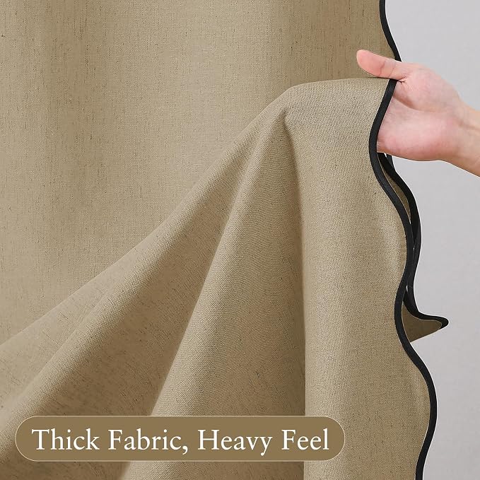 Linen Scallop Shower Curtain with 12 Clear Hooks, Waterproof, 72x72, Khaki | Waterproof Heavy Duty Thick Fabric with Black Border, Minimalist Neutral Boho Farmhouse Bathroom Décor