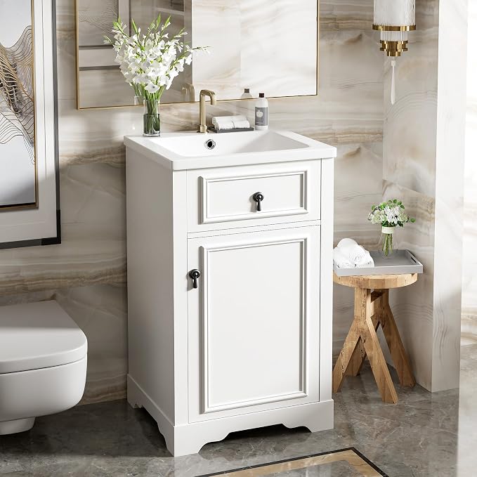 Merax Modern 20'' Bathroom Vanity with Single Sink Combo, Solid Wood Bathroom Storage Cabinet with Soft Close Door & Adjustable Shelf, Freestanding Vanities Set with Door-Mounted Storage Rack, White