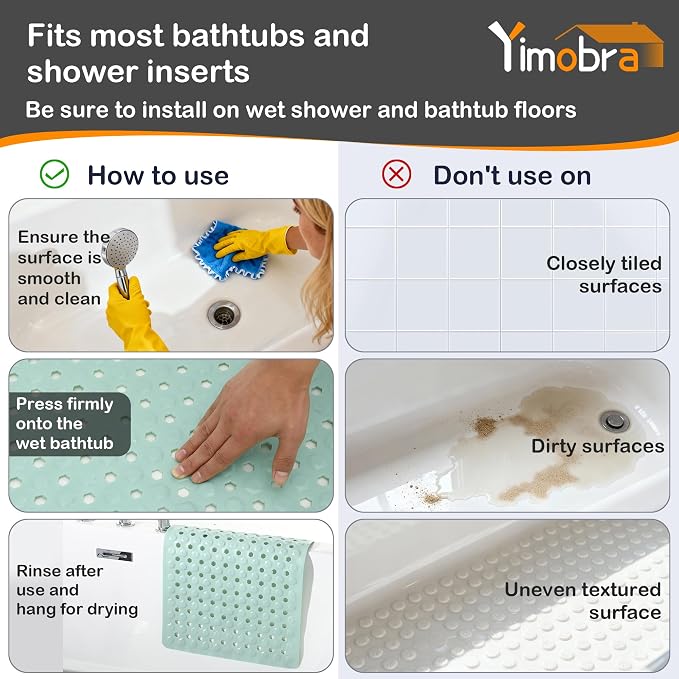 Yimobra Bathtub Mat Non Slip, 34.5"X15.5" Long Shower Mat for Inside Shower, Machine Washable Bath Mat with Drain Holes & Strong Suction Cups, Soft on Feet, Bathroom Essentials, Light Green
