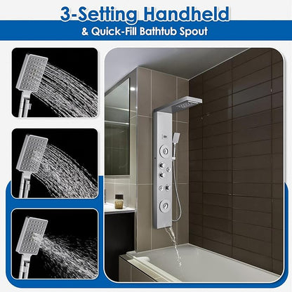 ROVOGO Shower Panel with Rainfall, Waterfall Shower Head, 2-Type Body Jets, Handheld and Tub Spout, Shower Tower System with Led Lights and Temperature Display, 304 Stainless Steel Brushed