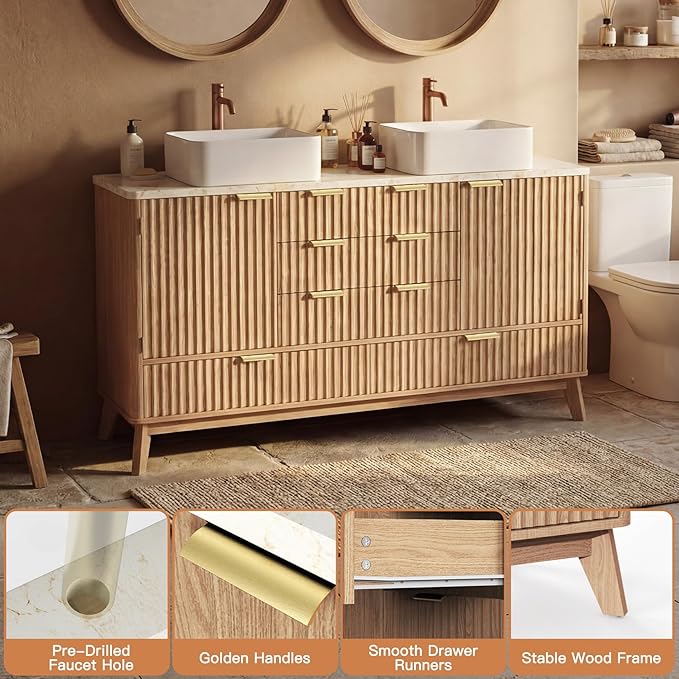Concho 55'' Fluted Bathroom Vanity with Double Ceramic Sink, Modern Bathroom Sink Storage Cabinet with Wood Marble Top & 4 Spacious Drawers, Freestanding Bathroom Vanity Cabinet, Natural Oak