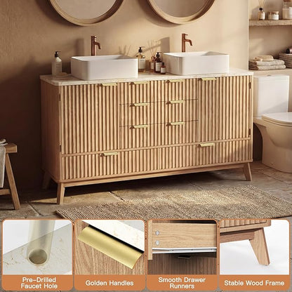 Concho 55'' Fluted Bathroom Vanity with Double Ceramic Sink, Modern Bathroom Sink Storage Cabinet with Wood Marble Top & 4 Spacious Drawers, Freestanding Bathroom Vanity Cabinet, Natural Oak