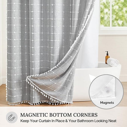 River Dream Farmhouse No Hooks Shower Curtain with Snap-in Liner,Grey,71x86 | Snap on Fabric Liner,Heavy Duty,Quick Dry,With Bottom Magnets,Washable,with Tassels, Rustic Boho Farmhouse,Extra Long Size