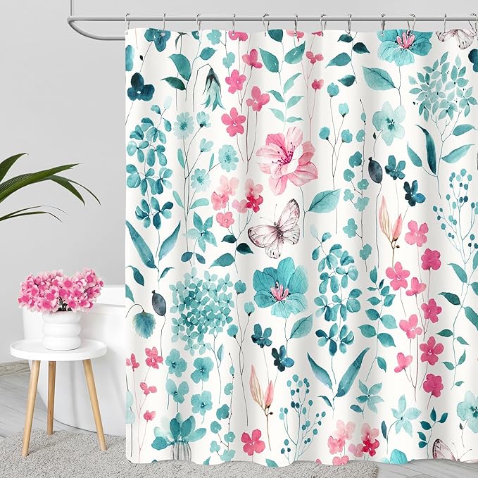 Teal Pink Floral Shower Curtain, Cute Flower Fabric Shower Curtains for Bathroom, Watercolor Wildflower Butterfly Cloth Shower Curtain Set with Hooks, 72x72