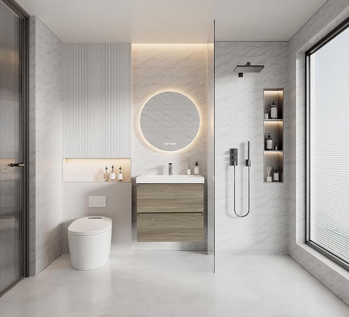 24 Inch Floating Bathroom Vanity with Sink, Large Storage Wall Mounted Floating Vanity with Soft Close Drawers, One-Piece Basin Bathroom Sink Cabinet (Ash Grey, 24 Inch)