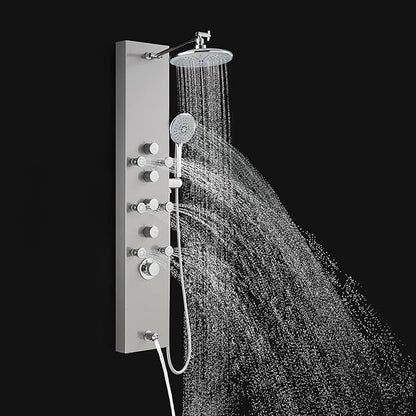 ROVOGO Shower Panel Tower System - Use 4 Functions at the Same Time: Rain Shower, Handheld, Body Jets and Tub Spout, 304 Stainless Steel Shower Column with Adjustable Head, Brushed
