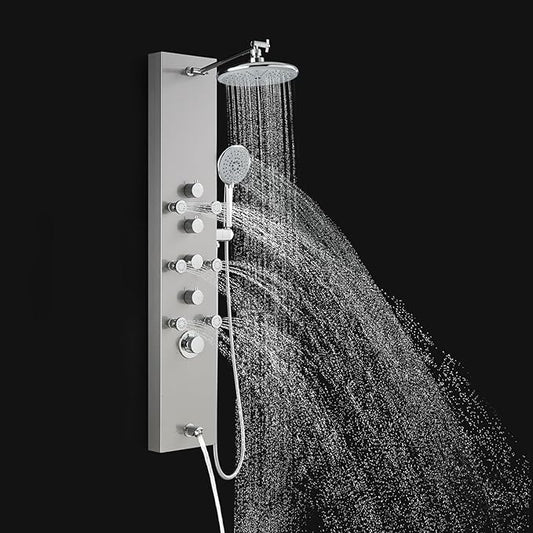 ROVOGO Shower Panel Tower System - Use 4 Functions at the Same Time: Rain Shower, Handheld, Body Jets and Tub Spout, 304 Stainless Steel Shower Column with Adjustable Head, Brushed