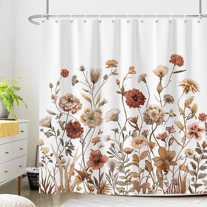 Vintage Boho White Floral Shower Curtain, Brown Cream Tan Rustic Farmhouse Flower Shower Curtain Set, Cute Botanical Wlidflowers Fabric Shower Curtains Decoration, 72X72 Aesthetic Bathroom Accessories