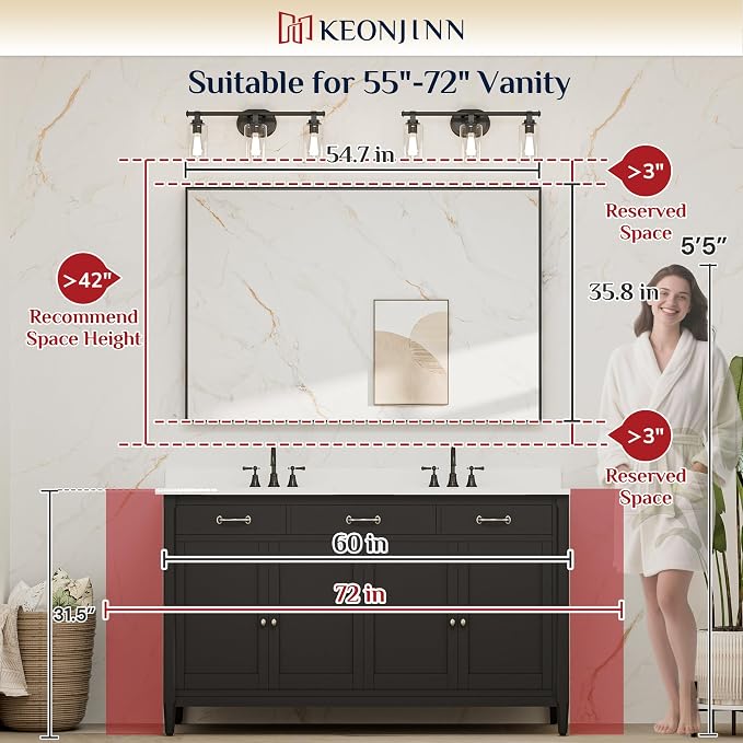Keonjinn 55x36 Inch Nickel Bathroom Mirror for Over Sink, Rectangular | HD Tempered Glass, Vanity Mirror, Brushed Framed, Square Corner, Modern Farmhouse, Wall Mounted Mirrors, Aluminum Alloy