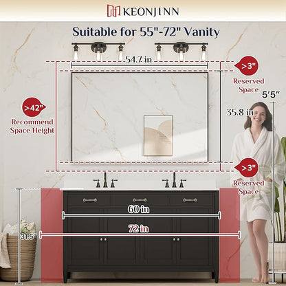Keonjinn 55x36 Inch Nickel Bathroom Mirror for Over Sink, Rectangular | HD Tempered Glass, Vanity Mirror, Brushed Framed, Square Corner, Modern Farmhouse, Wall Mounted Mirrors, Aluminum Alloy