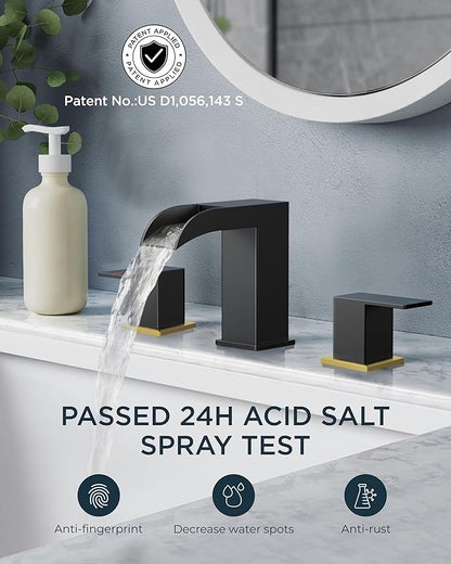 FORIOUS Square Black and Gold Bathroom Faucets 3 Hole, Waterfall 8 Inch Widespread Bathroom Sink Faucet with Metal Pop-up Drain and Supply Lines, Two Handles for Vanity, Laundry Room, Basin