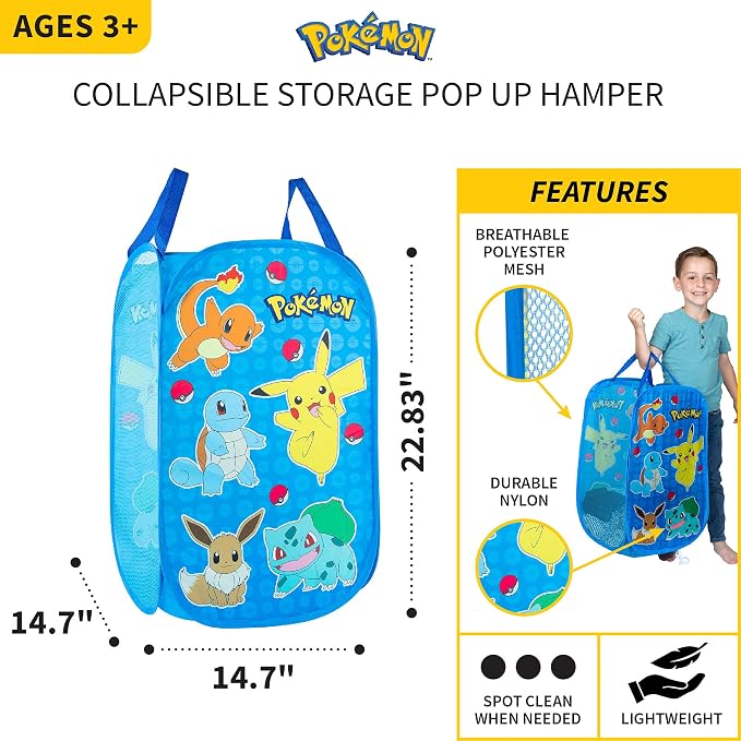 POKEMON Kids Room Collapsible Storage Bin Pop Up Hamper, One Size, (Officially Licensed Product) by Franco