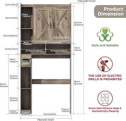 Over The Toilet Storage Cabinet, 31.1”W Bathroom Organizer with Double Doors, Above Toilet Rack, Detachable Toilet Paper Holder for Bathroom & Laundry Room Grey
