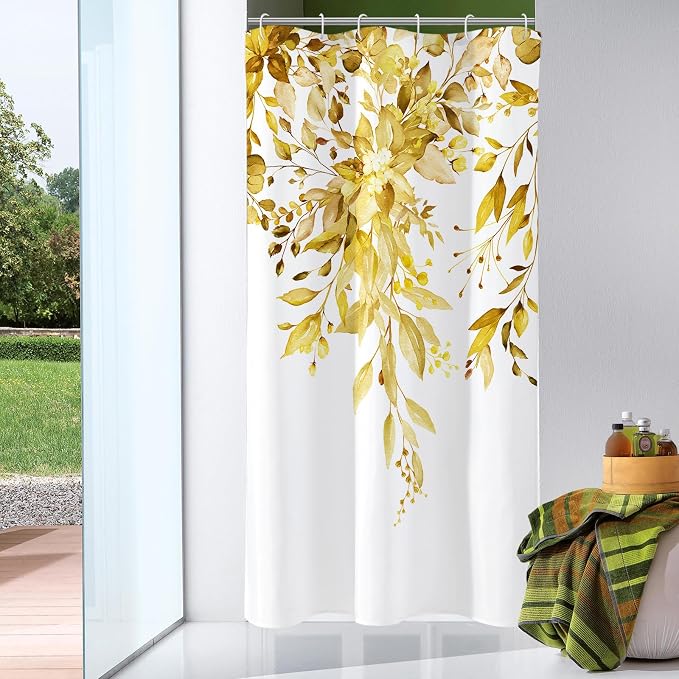 Yellow Eucalyptus Shower Curtain, Watercolor Floral Print, 36x72 | Watercolor Plant Leaves Floral Print, Waterproof Fabric Bathroom Decor, Machine Washable, Rustproof Grommets