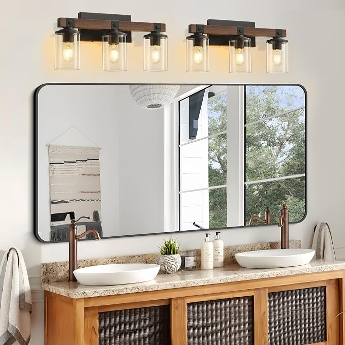 Bathroom Light Fixtures Over Mirror Black Farmhouse Vanity Lights 3 Light | Rustic Vintage Wood Bathroom Wall Light Fixtures with Clear Glass Shade for Restroom Bedroom Hallway