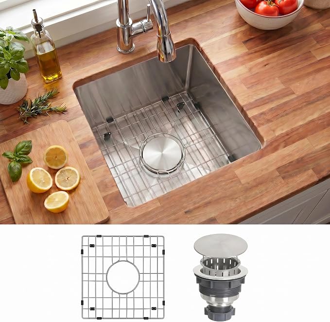 LQS 15 x 15 Undermount Bar Sink, 16 Gauge Stainless Steel, 10-Inch Deep | 10-Inch Deep Undermount Wet Bar Sink 16 Gauge Stainless Steel, Ideal for Bars, Prep Areas and Compact Kitchens