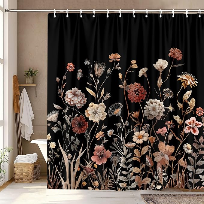 Vintage Boho Black Floral Shower Curtain, Beige Brown Cream Tan Rustic Farmhouse Flower Shower Curtain Set, Cute Botanical Wlidflowers Fabric Shower Curtains Decoration, 72X72 Bathroom Accessories