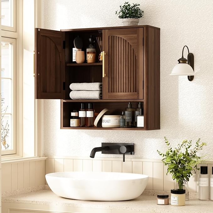 RUSTOWN Fluted Bathroom Wall Cabinet, Mid Century Modern Medicine Cabinet W/Adjustable Shelf & 2 Arched Doors, Over The Toilet Storage Cabinets for Laundry Room Kitchen Living Room, Dark Walnut