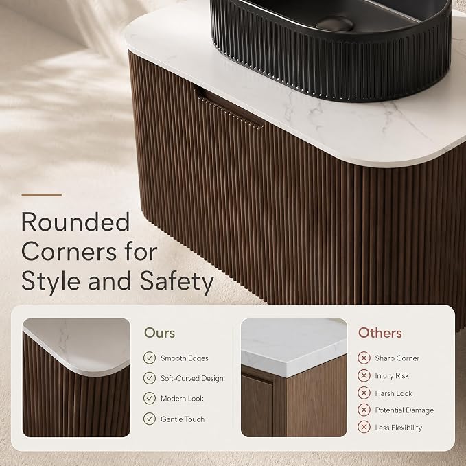 30 Inch Bathroom Vanity with Sink, Floating Wall Mounted Single Sink Vanity, Dark Walnut Curved Fluted Front, Stone Top, Black Textured Oval Vessel Basin, Pre-Assembled