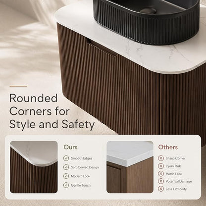30 Inch Bathroom Vanity with Sink, Floating Wall Mounted Single Sink Vanity, Dark Walnut Curved Fluted Front, Stone Top, Black Textured Oval Vessel Basin, Pre-Assembled