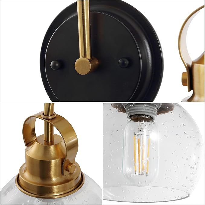 JONATHAN Y 17.5" Brass Gold/Oil Rubbed Bronze Shirley 2-Light Bathroom Vanity Light, Metal Wall Sconce, Clear Seeded Glass Shade, Modern Transitional Farmhouse Fixture, LED Bulbs Included (JYL7404B)