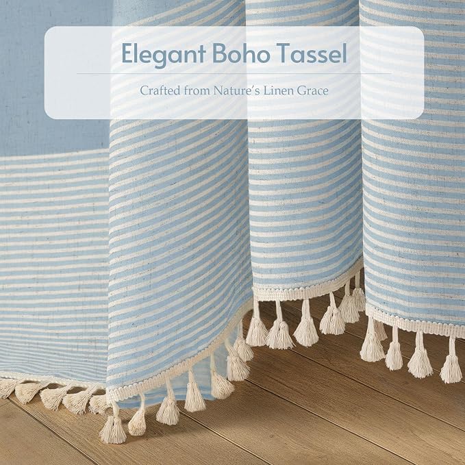 Aqua Blue Coastal Ocean Linen Striped Shower Curtain with Tassel 72W X 72L | Boho Farmhouse Shower Curtains with Linen Texture for Bathroom Decor