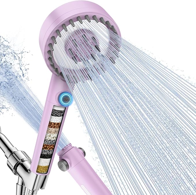 Filtered Shower Head with Handheld, High Pressure Showerhead with Filters | 4 Spray, ON/OFF Button for Pets, Detachable Shower Heads with Water Softener Filter Beads for Hard Water- Remove Chlorine