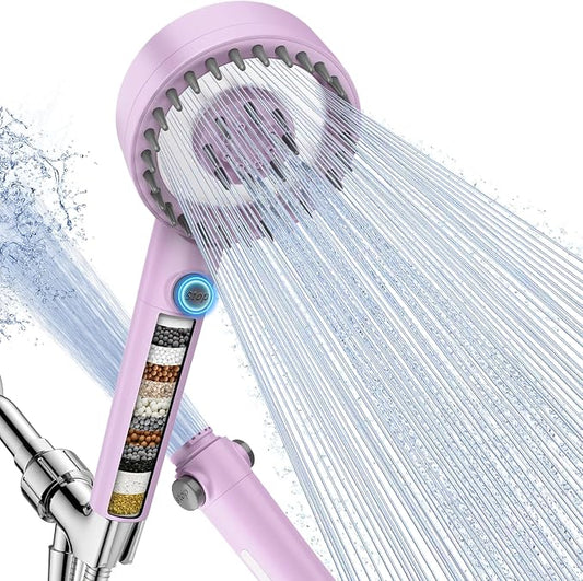 Filtered Shower Head with Handheld, High Pressure Showerhead with Filters | 4 Spray, ON/OFF Button for Pets, Detachable Shower Heads with Water Softener Filter Beads for Hard Water- Remove Chlorine