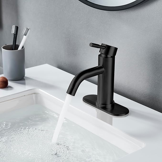 Single Hole Bathroom Sink Faucet Matte Black, Modern Single Handle Bathroom Faucet Commercial Stainless Steel Basin Faucet with Drain