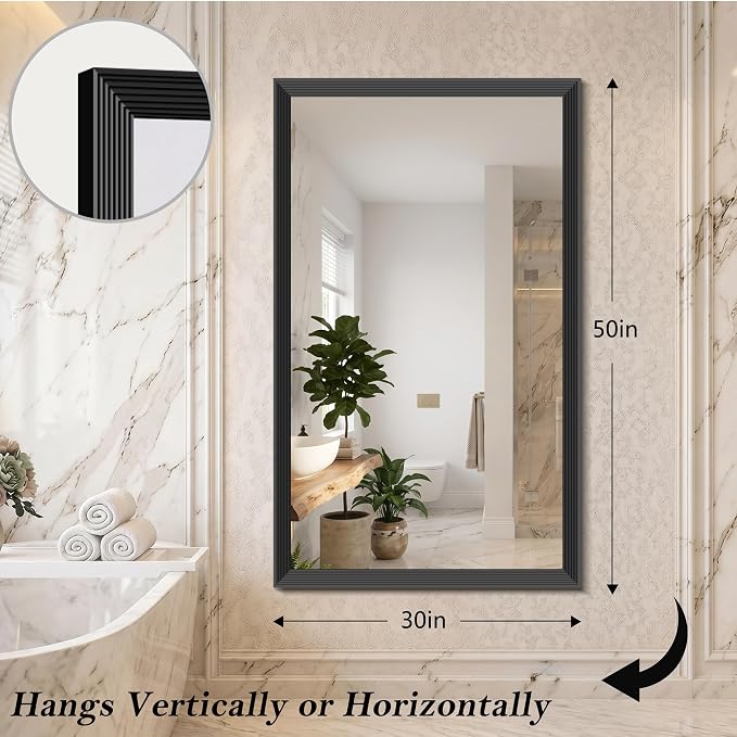 DESBING Large Bathroom Mirror for Over Sink, 50” x 30” Black Rectangle Bathroom Mirrors for Double Vanity, Metal Ribbed Textured Framed Wall Mirror for Bathroom, Living Room, Bedroom,Dressing Room