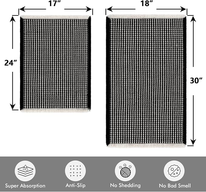 MIULEE Set of 2 Waffle Bathroom Rugs Black&Cream Bath Mat 17"x24"+18"x30" | Non Slip, Super Absorbent, Washable, Ultra Soft, Rubber Backed, Small Boho Bath Rugs for Bathroom Floor Tub Shower