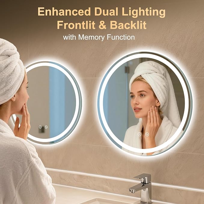 20 Inch Round LED Bathroom Mirror with Lights, Circle Lighted Vanity Mirror | Smart Anti-Fog, Dimmable 3 Color Modes, Backlit+Frontlit, Memory Function, HD Tempered Glass, Touch Sensor