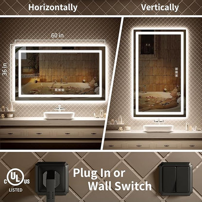 LED Mirror for Bathroom, 60x36 Inch Backlit + Front Lighted Bathroom Vanity Mirror with Lights for Wall, Double Light Strips, 3 Colors, Shatter-Proof, Anti-Fog and Brightness Memory