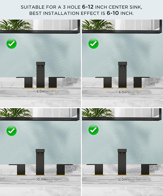 FORIOUS 8 Inch Widespread Black and Gold Bathroom Faucet Square, 2 Handle 6 Inch Matte Black Faucets for Bathroom Sink 3 Hole 8-10 Inch Vanity Sink, with Pop-up Drain, Hot and Cold Water Hoses