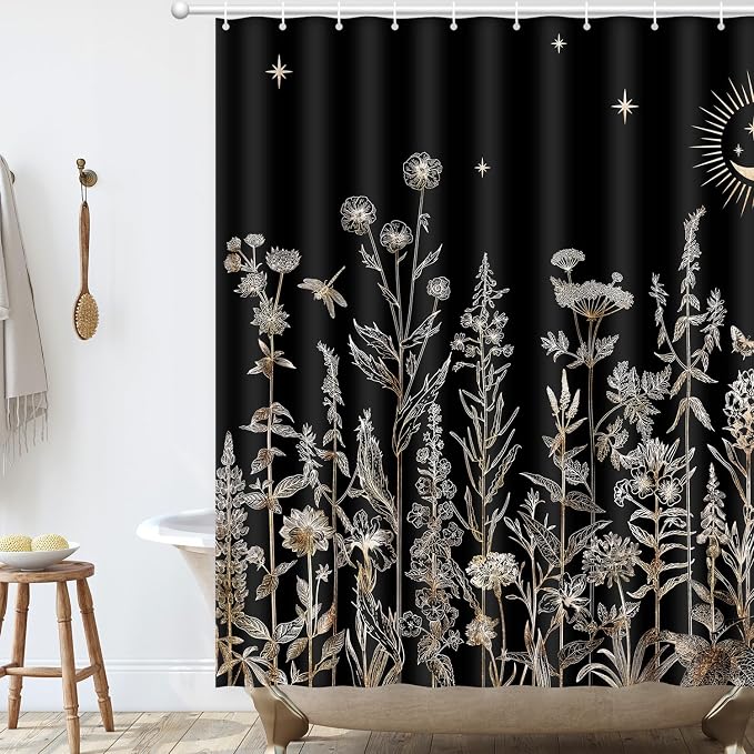Shower Curtain Black Floral, Vintage Botanical Flowers Shower Curtain for Bathroom with Hooks, Polyester Waterproof shower curtain Machine Washable Farmhouse Home Decor Bath Curtain 72x72 Inch