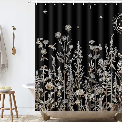 Shower Curtain Black Floral, Vintage Botanical Flowers Shower Curtain for Bathroom with Hooks, Polyester Waterproof shower curtain Machine Washable Farmhouse Home Decor Bath Curtain 72x72 Inch