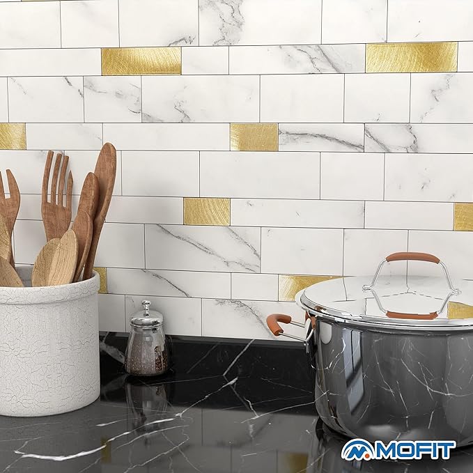 Stone Peel Stick Backsplash Tiles Kitchen Wall White Gold 10pcs