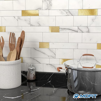 Stone Peel Stick Backsplash Tiles Kitchen Wall White Gold 10pcs